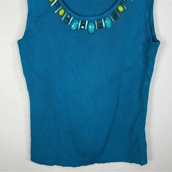 MEDIUM RUBY RD TEAL BLUE BEADED RIBBED KNIT TANK SLEEVELESS STRETCH - Picture 6 of 9